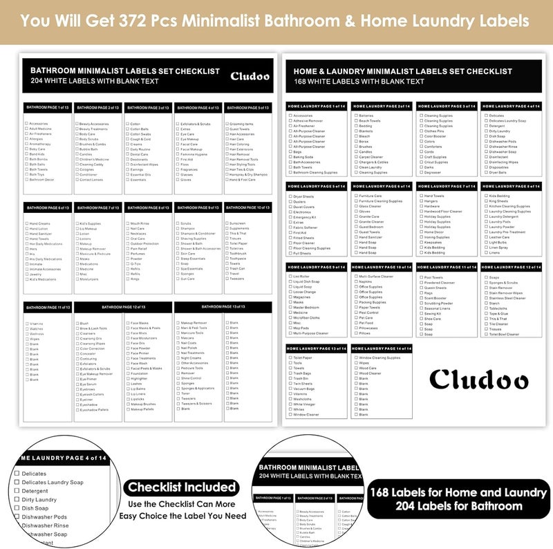 Cludoo 372 قطعة ملصقات حمام لغسيل الملابس بتصميم بسيط لتنظيم المنزل مع ملصقات فارغة قابلة للتخصيص، ملصقات مقاومة للماء والزيوت لاحتياجات تنظيم الحمام وغسيل الملابس والجمال في المنزل - Image 2